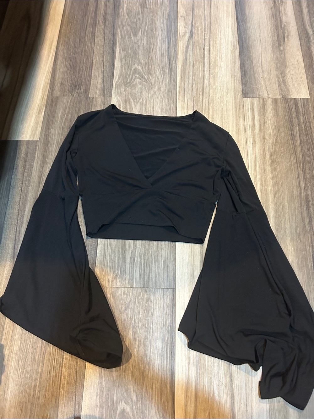 Amazon Black V-Neck Crop Top with Dramatic Bell Sleeves